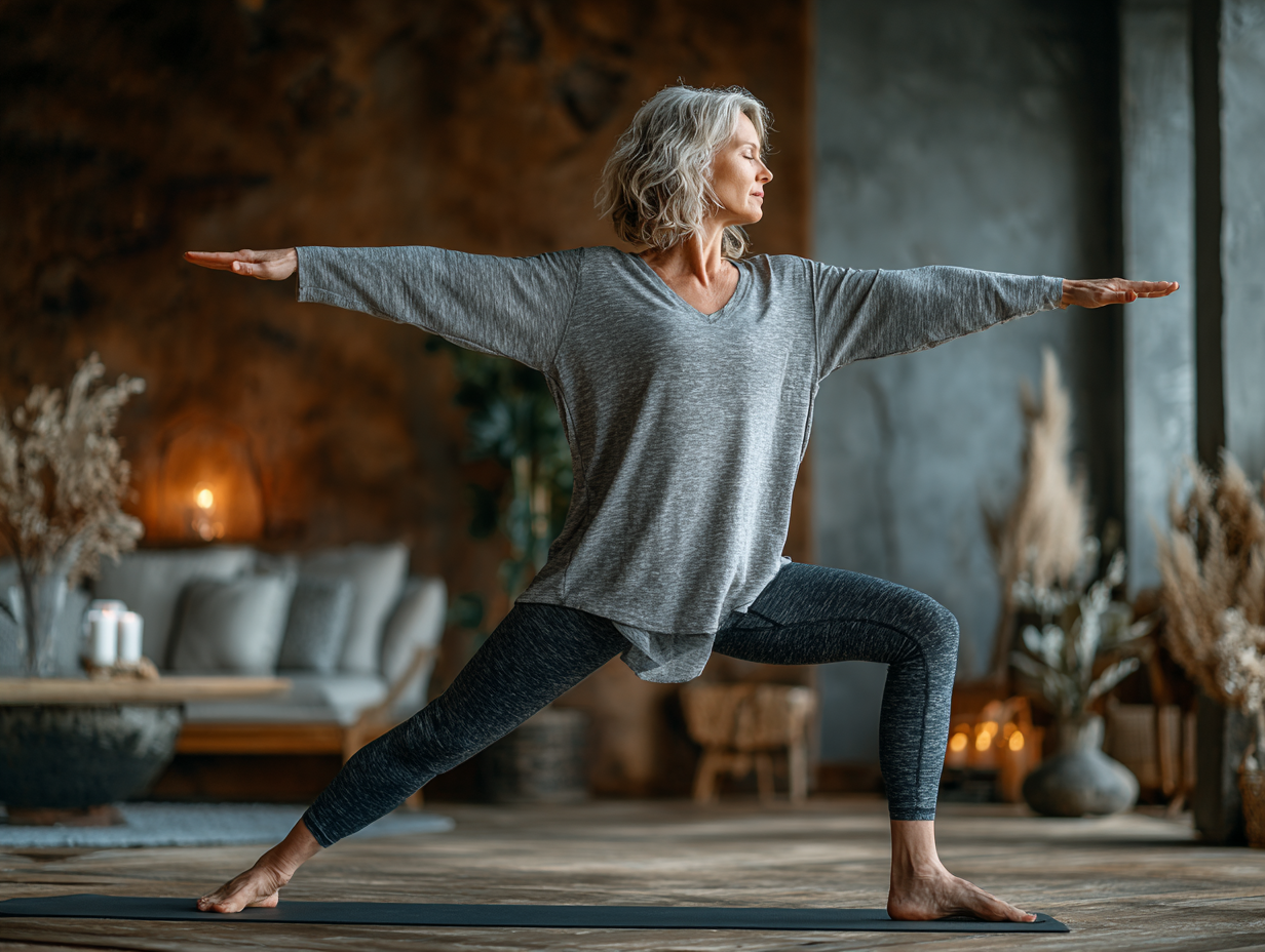 Persoane mature practicând yoga în grup