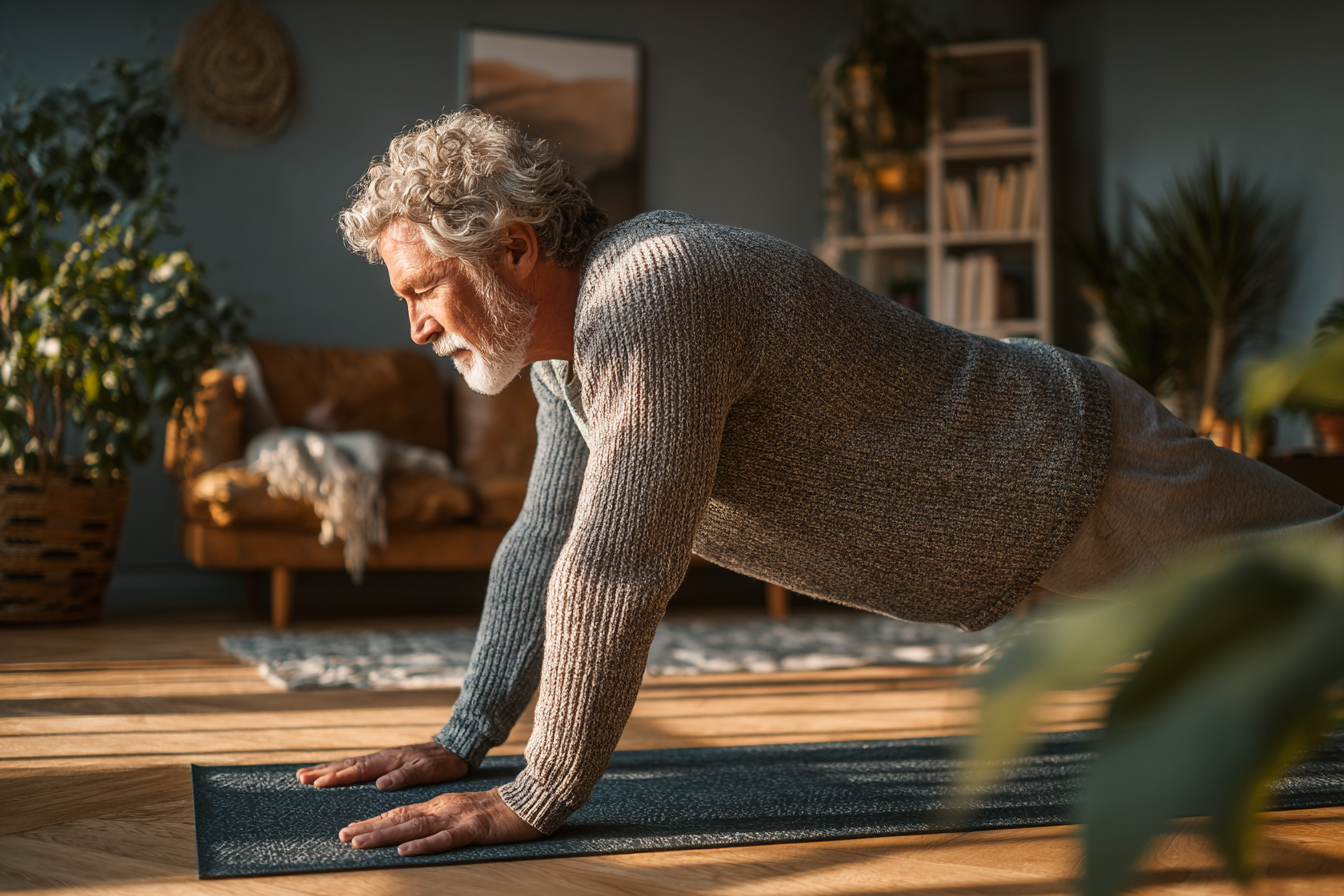 Persoană matură practicând yoga cu încredere și bucurie